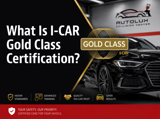 Autolux Collision Center I-CAR Gold Class Certification badge on a black luxury sedan in the shop