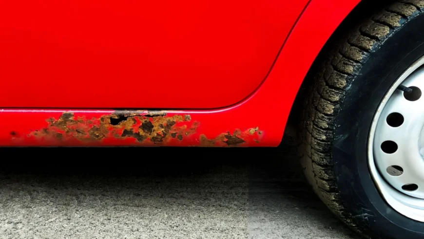 Rust and paint damage on an old black car, showing why choosing a qualified collision center matters.